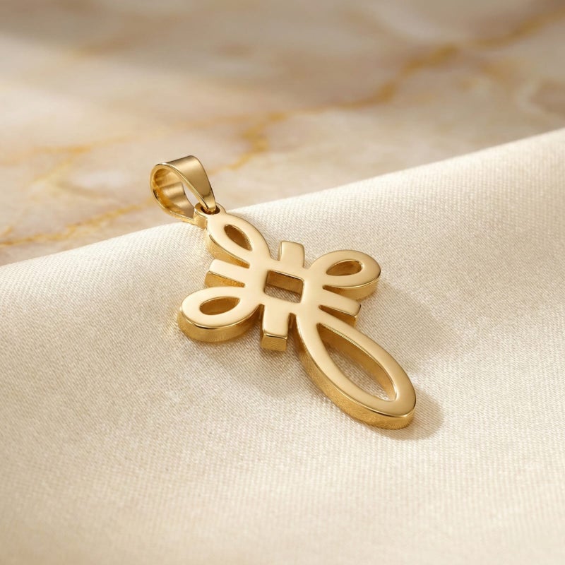 A large gold-tone cross pendant (chain not included), crafted from rust-resistant stainless steel, featuring a sleek, openwork knot design. A distinctive, modern, and spiritual piece. - Image 2